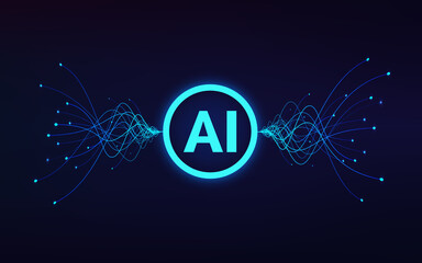 Leinwandbilder - Artificial intelligence concept. ai text in center and moving blue waves. Machine learning and data analytics. Vector