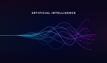 Poster - Artificial intelligence ai and deep learning concept of neural networks. Wave equalizer. Blue and purple lines. Vector illustration