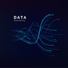 Wall Mural - Data visualization. Deep learning or big data concept. Abstract blue waves on dark background. vector
