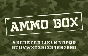 Poster - ammo box alphabet font. damaged type letters and numbers on camo background. vector typography for y