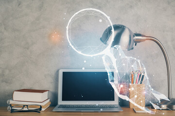 Aufkleber - Desktop computer background in office and start up theme hologram drawing. Double exposure. Startup concept.