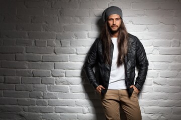 Poster - Man with long hair standing against wall, looking at camera. Copyspace. 