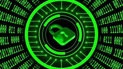 Poster - Abstract futuristic background of data flow - speed movement of varying binary code arranged in cylinder shape - closed padlock built into rotating HUD elements - cyber internet or network technology 