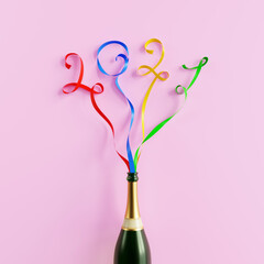 Wall Mural - happy new year 2021. champagne bottle with colourful party streamers making numbers of 2011 year. 3d
