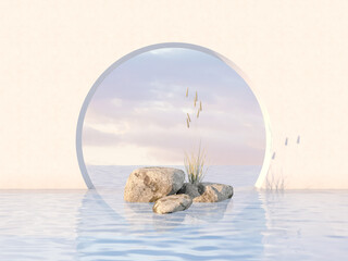 Fototapete - Natural beauty podium backdrop with stone and flower grass. 3d render.