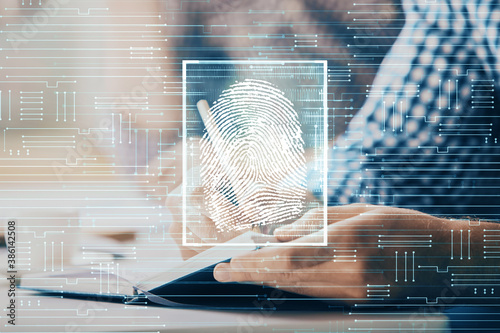 Cuadros en Lienzo Fingerprint scan provides safe access with biometrics identification, concept of the future of security and password control through advanced technology