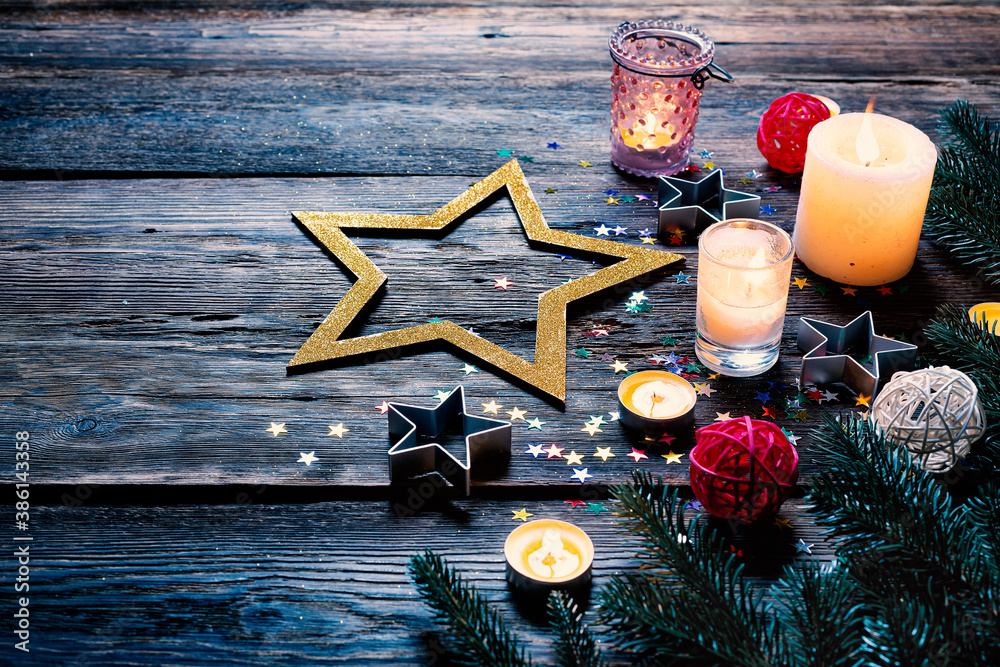 Christmas background with festive decoration, top view - obrazy, fototapety, plakaty 