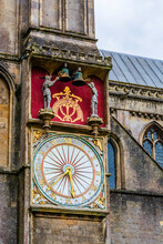 The Wells Cathedral Clock, A Medieval Astronomical Clock Outside In The North Transept Of Wells Cathedral, Cathedral Church Of St Andrew The Apostle In Wells, Somerset, England, UK