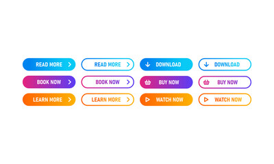 Poster - Set of trendy action button for web, mobile app. Template navigation button menu. Read more, download, buy now. Different gradient colors. Vector EPS 10. Isolated on white background