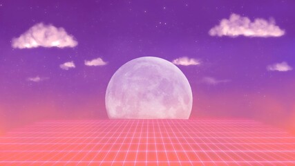 retro futuristic background vaporwave. neon geometric synthwave grid, light space with moon abstract