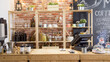 © PRPicturesProduction - Empty cafe bar counter interior in bright daytime. vintage style of coffeehouse in modern city. pos sale terminal machine on wooden table with cups on shelf by red brick wall in background.