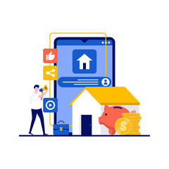 Poster - Mortgage concept with character. House loan or money investment to real estate. Property money investment contract. Modern flat style for landing page, mobile app, infographics, hero images
