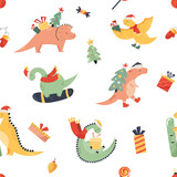 Fototapeta Dinusie - Holiday seamless pattern with cute dinos and decorative elements. Christmas design for clothing, decorations