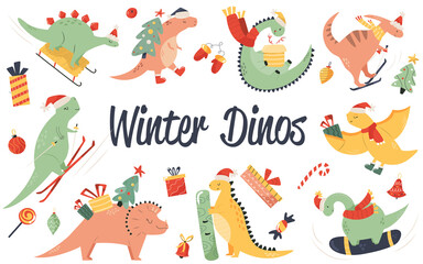  Big set of hand drawn Christmas dinos and holiday toys. Vector festive illustrations.