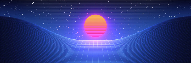 Wall Mural - synthwave background. 80s style sunset. virtual wireframe landscape. perspective grid. dark retro fu