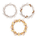 Fototapeta Boho - Autumn watercolor set of wreaths with leaves and acorns on a white background.