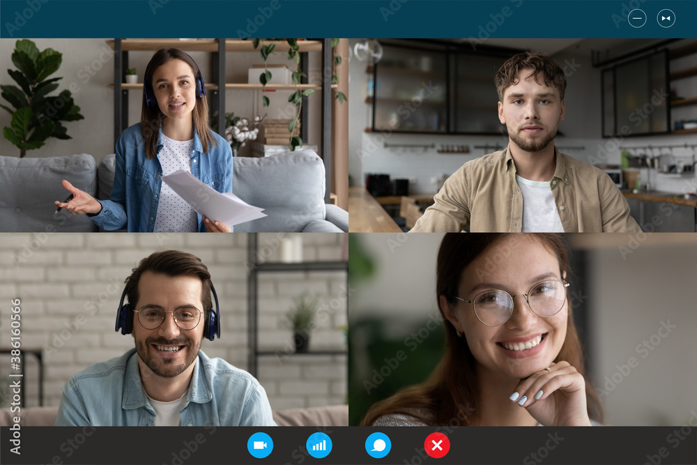 Screen view group video call, team brainstorming, negotiating online, sharing ideas, four people friends engaged in conference, internet meeting, using webcam and social media app, virtual event - obrazy, fototapety, plakaty 
