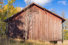 Old Shabby Red Barn In The Fall Season. Vintage Photo. An Abandoned Farm In A Rural Location And Wooden Warehouse For Storage Of Grain. Autumn Forest With Colorful Tree Crowns And Blue Sky.