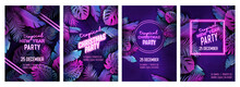 Tropic Christmas Party Neon Flyer Set, Vibrant Vector New Year Holiday Poster. Disco Monstera Palm Leaves Design