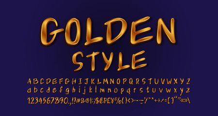 Leinwandbilder - Golden handwritten font. Elegant alphabet letters, numbers and symbols, hand lettering style. Gradient background Navy blue color. Vector illustration