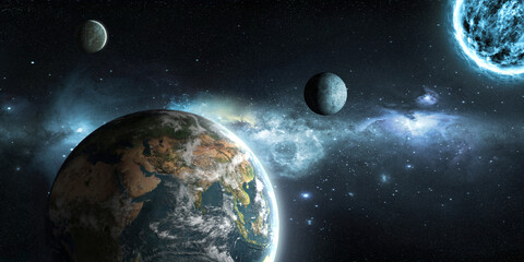 Wall Mural - earth, moon and sun on the background of outer space with a beautiful nebula
