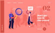 © Pavlo Syvak - Woman Get Lost in Crowded Place Landing Page Template. Policeman Character with Magnifier, Big City Social Problem