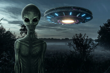 green alien with black large glass eyes on the background of a flying saucer. ufo concept, aliens, c