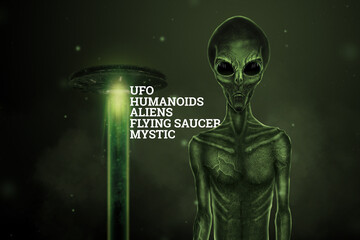 Wall Mural - green alien with black large glass eyes on the background of a flying saucer. ufo concept, aliens, c