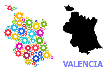 Vector mosaic map of Valencia Province done for engineering. Mosaic map of Valencia Province is created of random bright cogs. Engineering items in bright colors.