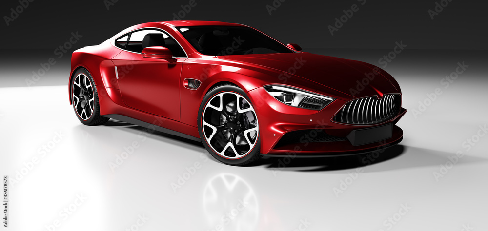 Premium red coupe sports car in studio light. - obrazy, fototapety, plakaty 