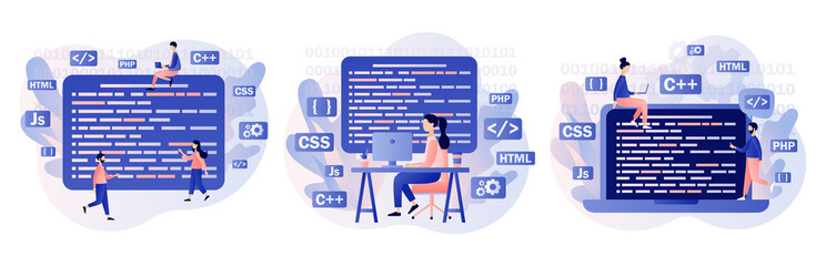 Programming and engineering development. Programmer or developer create code programming language. PHP, HTML, C++, CSS, Js. Modern flat cartoon style. Vector illustration on white background