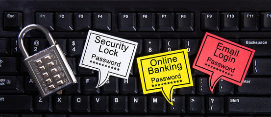 metal security lock, Online Banking and Email Login with password on computer keyboard.