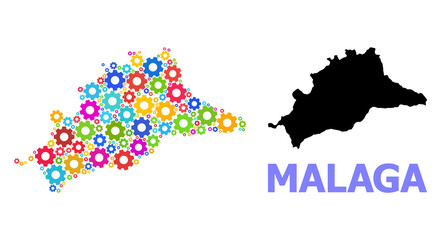 Vector mosaic map of Malaga Province created for industrial apps. Mosaic map of Malaga Province is done from scattered bright cogs. Engineering items in bright colors.