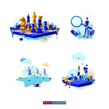 Trendy Flat Illustration Set. Teamwork Metaphor. Cooperation Of People Who Implement The Joint Idea. Business Strategy. Goal Achievement. Chess Game. Template For Your Design Works. Vector Graphics.