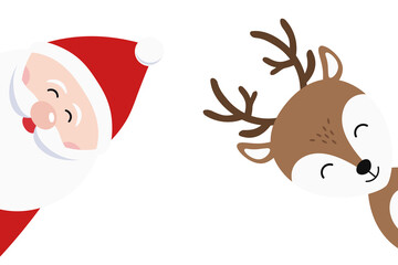 Wall Mural - santa and reindeer cute cartoon merry christmas lettering white background