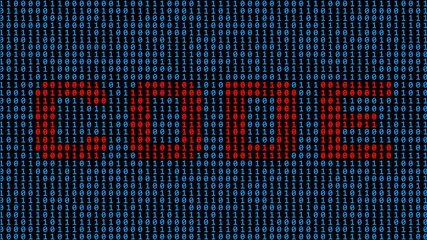 Poster - CODE - lettering in red shown as part of a binary code screen consisting of royal blue digits on black background - 3D illustration