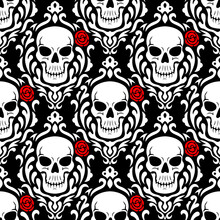 Skulls And Roses Damask Seamless Pattern