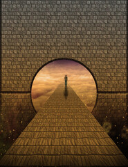 Canvas Print - surreal painting. figure of man walking on stone road to another world. 3d rendering