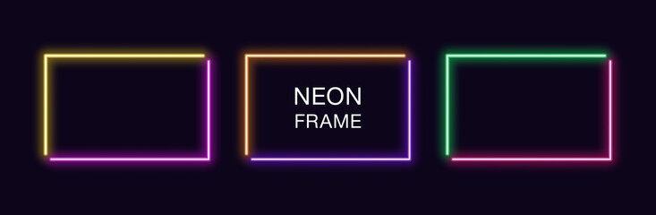 Neon rectangle Frame. Set of rectangular neon Border in 2 angular parts. Vector geometric shape