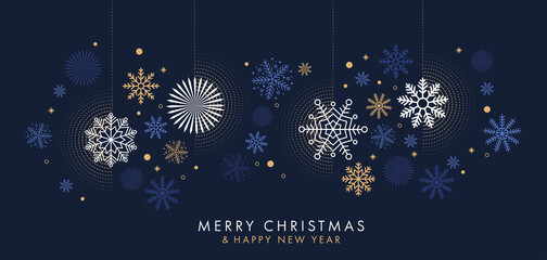 Merry Christmas and Happy New Year background, greeting card, poster, holiday cover. Design template with border made of beautiful snowflakes in modern flat line art style. Xmas decoration. Vector
