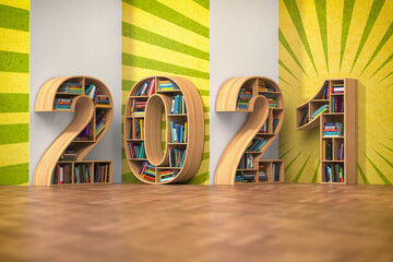 Poster - 2021 new year education concept. Bookshelves with books in the form of text 2021.