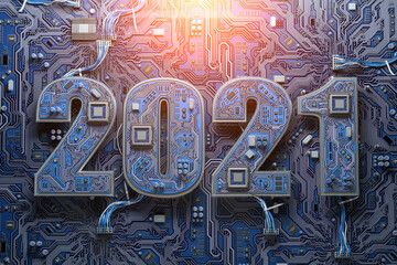 Poster - 2021 on circuit board or motherboard with cpu. Computer technology and internet commucations digital concept background. Happy new 2021 year.