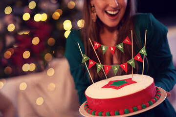 Wall Mural - Midsection of woman holding Christmas cake