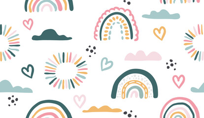 Wall Mural - Seamless vector pattern with hand drawn rainbows and sun