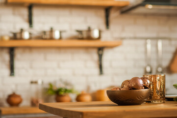 Rustic kitchen details for Christmas. Rustic kitchen table setting and decor for New Year close-up and copy space.