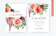 Wedding vector floral invite, invitation, greeting card design. Blush peach flowers, pale coral Juliette rose, burgundy red orchid, eucalyptus greenery leaves decoration. Elegant watercolor template