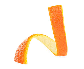 Orange zest spiral. Aromatic orange peel isolated on a white background. Ingredient for infusions and liqueurs.