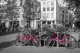 Fototapeta Uliczki - A picture of two pink bikes on the bridge over the channel in Amsterdam. The background is black and white.