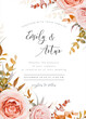 Vector wedding floral invite card design in warm fall, winter tones. Pink, blush peach Rose flowers, taupe, brown beige, orange cream autumn Eucalyptus branch, succulent leaves, fern. Stylish template