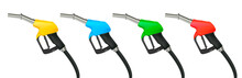 Set Of Realistic Vector Illustration Of Gas Gun, Gasoline Petrol Dispenser In Different Colors With Metal Nozzle And Black Handle